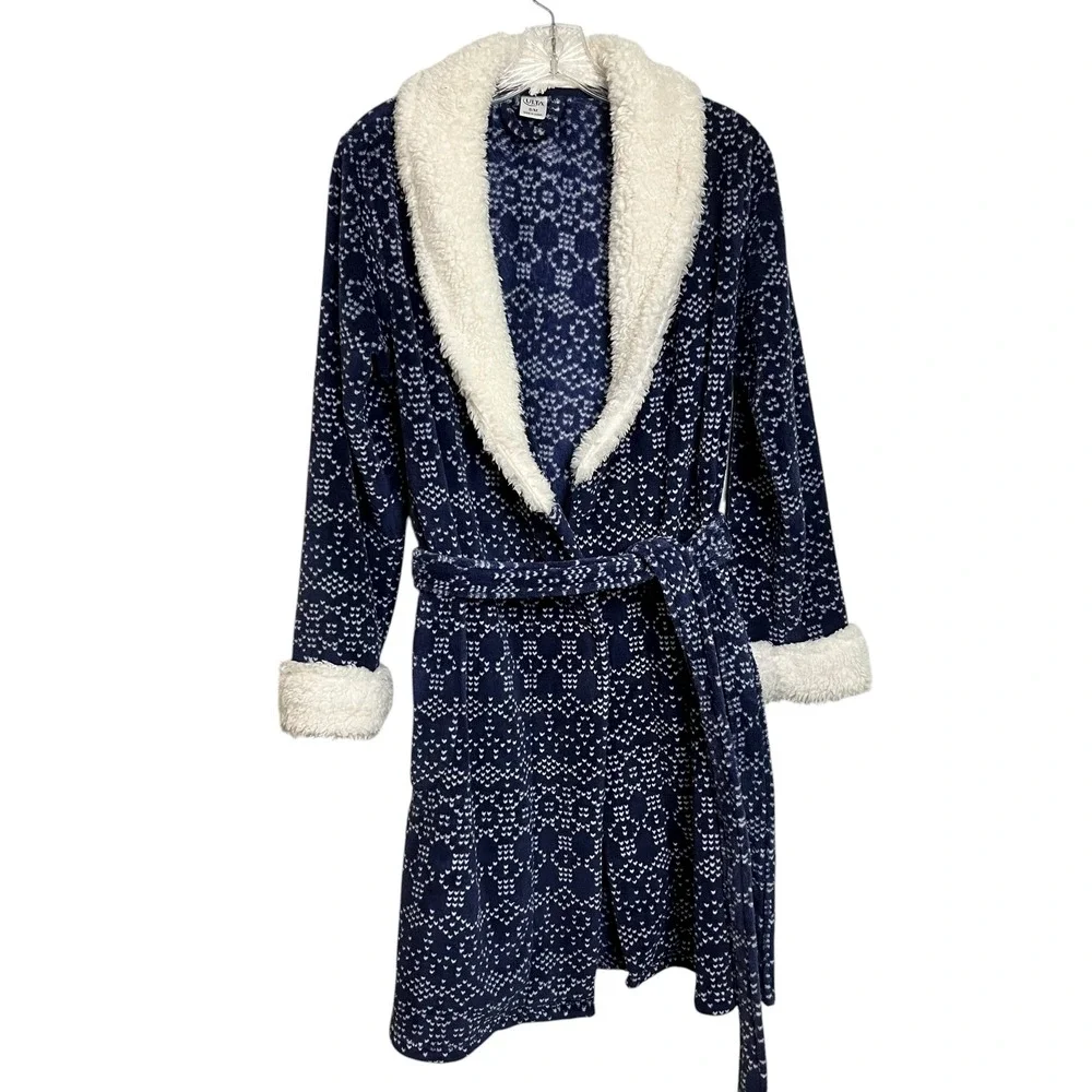 ULTA Cozy Plush Fair Isle Pattern Robe‎ Shawl Collar Belted Blue S/M